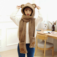 成人-熊爪子浅咖色 秋冬季亲子保暖毛绒儿童帽子围巾手套三件套装一体女加厚护耳连帽