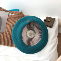定染孔雀蓝-(实物带绿调) M(56-58cm) 西本帽子女韩版秋冬温柔气质画家帽皮标百搭羊毛呢贝雷帽女显脸小