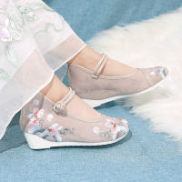 米色/千帆(内增4.5cm共6cm) 35 绣花鞋女古风内增高坡跟春秋民族风高跟鞋古装汉服鞋子老北京布鞋