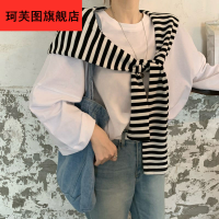 单件条纹帽子 。秋韩版条纹连帽带帽披肩打结围巾绑带系带小披肩袖子搭肩假领女