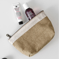 大地黄 实用主义亚麻拉链拼色化妆包便携随身简约手拿包多功能旅行收纳包