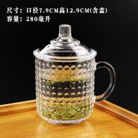 珠点易经杯单只 家用加厚耐热梅兰竹菊刻花玻璃杯办公泡茶杯大容量带盖带把水杯子