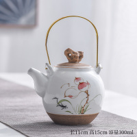 陶泥手绘提梁壶(荷花) 手绘提梁壶茶壶陶瓷单壶中式功夫茶具套装家用陶泥过滤泡茶壶复古