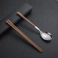 筷+勺(银色)(送盒+袋) 餐具木质筷子勺子套装叉子便携式旅行外带餐具盒金色三件套装学生