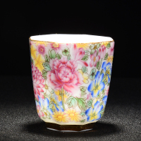 粉彩万花描金 八角杯 陶生活珐琅彩茶具陶瓷品茗杯手绘扒花粉彩万花主人杯单杯功夫茶杯