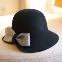 黑色 后扭蝴蝶结呢盆帽 可调节 秋冬羊毛呢礼帽韩版百搭蝴蝶结盆帽优雅渔夫帽子女潮英伦风遮阳帽