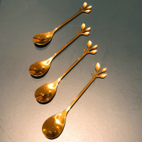 6只金色树叶勺子 叉子ins北欧套装创意可爱家用勺子不锈钢欧式小奢华水果叉水果叉