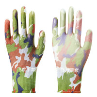 PU涂掌(绿迷彩)12双 S 印花乳胶薄尼龙手套女PU涂掌涂指防静电透气劳动工作耐磨劳保手套