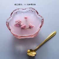 粉樱花碗送勺子 日式创意玻璃碗 金边甜品碗燕窝碗创意玻璃水果沙拉碗糖水汤碗盅
