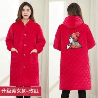 [玫红色]美女橡筋 [XL]90-120斤 厂家直销棉服罩衣长款冬季大衣女成人加厚加绒保暖防污外套大褂