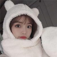 小熊两件套白色 M(56-58cm) 秋冬女小熊耳朵羊羔毛围巾手套一体帽子女韩版学生百搭可爱保暖帽