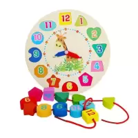 数字时钟串珠木制 实木数字时钟积木制串珠穿线时钟早教形状配对拼图儿童玩具1-3岁
