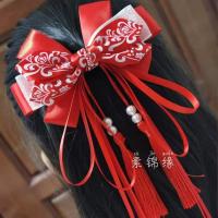 红色大蝴蝶 女童唐装汉服发饰流苏步摇仙女古风簪子长飘带头饰发夹表演礼物