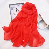 小尺寸-大红[170*70厘米] 杭州丝巾春秋长纱巾围巾女冬款超大雪纺韩版百搭夏防晒披肩沙滩巾