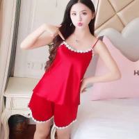红色吊带[双短套装] M码[建议75-95斤] 冰丝短袖睡衣女夏季薄款大码韩版可爱学生仿真丝绸夏天家居服套装