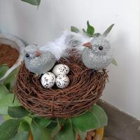 两只银灰鸟+窝一套 手工鸟窝鸟巢仿真小鸟鸟屋鸟蛋藤圈蛤蟆藤幼儿园diy家居装饰森系