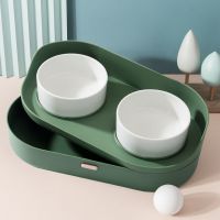 [深林绿]可储存双碗 猫碗狗碗双碗猫盆食盆保护颈椎陶瓷防打翻防外溅粮碗猫咪水碗用品