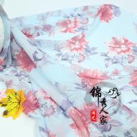 浅蓝大花/米 50D印花雪纺布料 古风丝绸古装汉服裙子布料丝巾春夏衣裙服装面料