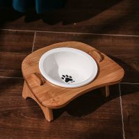 单碗木架(脚印图案) 猫碗狗碗狗盆宠物双碗喂食饮水陶瓷护颈狗狗食盆猫粮饭盆猫咪用品
