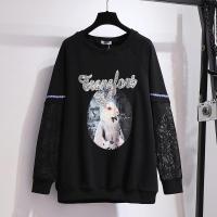 60870黑色 2XL 建议130-160斤 大码女装胖妹妹春秋卫衣宽松慵懒BF兔子印花蕾丝拼接亮片长袖上衣