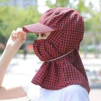 红色格 男女骑行帽子工作田间棉布长檐遮阳护脖捂脸透气采茶防风防尘防晒