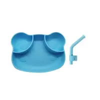 蓝色青蛙+吸管 一体式硅胶餐盘宝宝学吃饭吸盘碗防摔倒防滑硅胶吸管餐盘碗套装