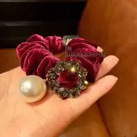 金丝绒奥登钻(酒红色) 韩国高档金丝绒法式大肠圈优雅复古捷克钻圆扣发绳布艺发圈头绳女