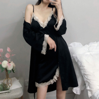 黑色 XL 胖妹妹性感睡裙春秋薄蕾丝吊带开叉诱惑大码冰丝睡衣女睡袍两件套