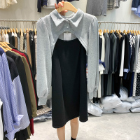 灰色 均码 2021秋装翻领泡泡袖披肩中长款A字露肩吊带裙咖色时尚两件套女潮