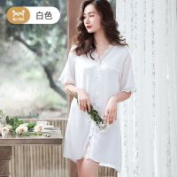白色 M 80-100斤 猫人冰丝睡裙可爱性感男友风衬衫中长款短袖夏季薄款可外穿家居服