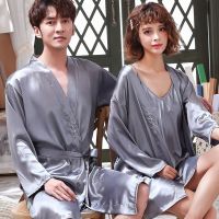 121情侣袍-蓝灰色 女M+男L 结婚情侣冰丝夏睡衣长袖一男一女性感睡袍韩版春秋丝绸套装家居服