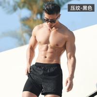 黑网格-平角[双层防尴尬] M 泳裤男防尴尬宽松速干男士游泳裤平角泳衣套装沙滩裤温泉游泳装备