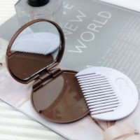 圆形夹心饼干镜浅咖啡 小镜子女学生韩版迷你随身携带折叠简约化妆镜梳妆镜梳子套装ins