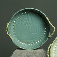 条纹双耳深盘绿色 陶瓷双耳手编麻绳盘陶泥盆水果菜盆创意复古主题餐厅个性盆家用