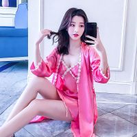 1858玫红(带胸垫) S 性感睡裙吊带睡袍两件套冰丝睡衣女夏丝绸浴袍套装春秋大码带胸垫