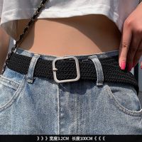 方扣黑色 百搭牛仔裤皮带女无需打孔帆布腰带女士编织松紧弹性学生装饰裤带