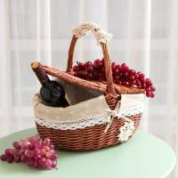 棕色+小雏菊里布 小号无盖 野餐篮ins藤编田园带盖竹篮水果篮户外手提篮编织收纳筐小篮子