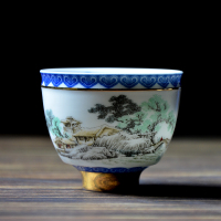 山水人家 如意杯 景德镇珐琅彩茶杯陶瓷 青花功夫茶杯单杯 扒花品茗杯描金万花杯子