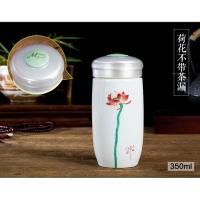 单层红荷花 陶瓷保温杯青花瓷双层内胆茶杯男女办公杯便携带盖过滤网泡茶水杯