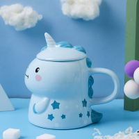天空蓝A款送勺子 创意手绘卡通独角兽少女心陶瓷水杯子马克杯带盖勺超可爱超萌个性