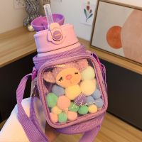 透明小书包-清新紫-500ml 送杯刷 儿童保温杯男女孩上学专用水杯小学生可爱吸管杯便携背带防摔杯子