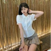 衬衫 S 洋气套装女夏季绑带收腰泡泡袖衬衫高腰格子百褶裙时尚两件套