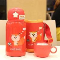红色500ml双盖带杯套 0047 幼儿园带杯套真空不锈钢保温杯双盖带吸管喝水杯子户外便携大水壶