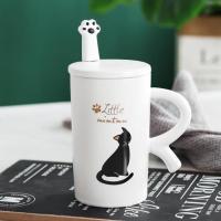 Little猫咪-白色 可爱卡通陶瓷水杯带盖勺男女情侣马克杯办公室咖啡杯家用喝水杯子
