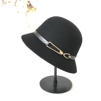 黑色 可调节 帽子女韩版高档名媛风秋冬英伦皮边扣环羊毛呢渔夫帽小礼帽盆帽女