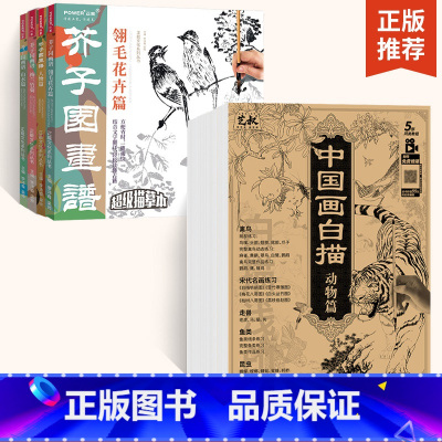 [正版]中国画白描山水花卉人物动物篇+芥子园画传全8册国画临摹教程入门书工笔画初学者画谱画稿画册画本图谱书描摹本自学零