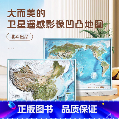 [正版]共2张中国和世界地形图 3d立体凹凸地图挂图 约58*43cm卫星影像图浮雕地理地势地貌三维图 中小学生地理学