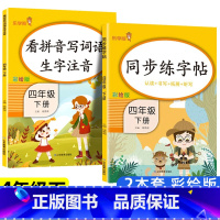 [2本]同步字帖+看拼音写词语 四年级下 [正版]四年级下册生字同步练字帖人教版语文4下学期字帖楷书小学生儿童硬笔书法描