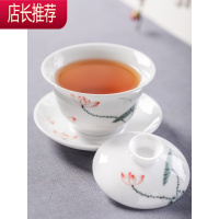 手绘三才盖碗茶杯大号单个白玉瓷敬沏泡茶功夫茶具三炮台荷花清雅JING PING
