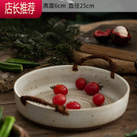 藤编把手蔬菜果盘日式碗盘复古粗陶手工盘子创意陶瓷vintage餐具JING PING 藤编把手圆盘白大